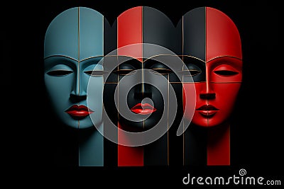 Vivid, colored, black three abstract faces on black Stock Photo