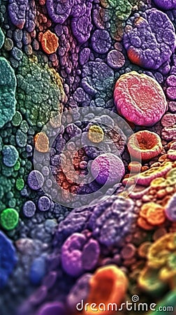 Vivid Colors of Adipose Cells Under the Electron Microscope . Stock Photo