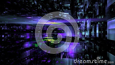 Vivid colors and geometric patterns create a dynamic digital landscape. Bright lights and reflections add depth, giving an Stock Photo