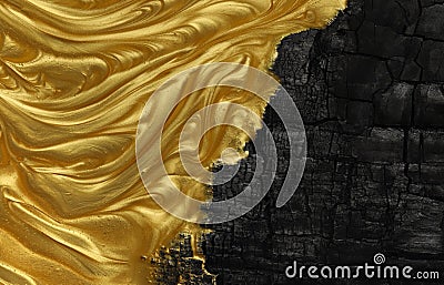 Vivid contrast black and gold in abstract background of metallic gold paint swirling over charred black ashes Stock Photo