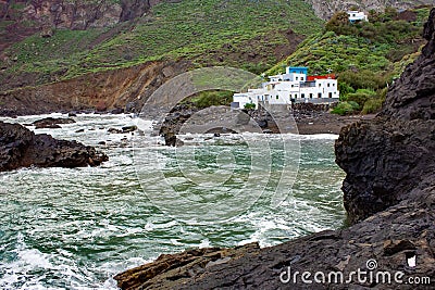 Volcanic Black Beach and Colorful Fishing Houses, Roque Bermejo, Tenerife, Canary Islands, Spain Stock Photo