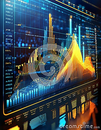 Vivid 3D graph with rising bars and data points on a digital interface. Generative AI Stock Photo