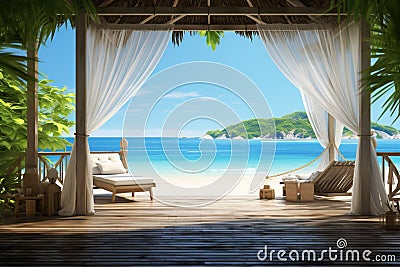 Vivid 3D rendering A beachside gazebo, tropical paradise, serene ocean vista Stock Photo