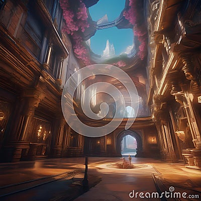 Vivid depiction of a virtual reality gaming world, with towering architecture and fantastical creatures3 Stock Photo