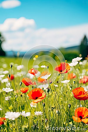 close-up view of colorful poppy flowers in a field, bathed in the warm sunlight of a beautiful spring day. Stock Photo