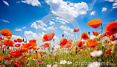 close-up view of colorful poppy flowers in a field, bathed in the warm sunlight of a beautiful spring day. Stock Photo