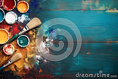 A vivid display of spilled artist palette oil paints and brushes arranged on blue wooden boards Cartoon Illustration