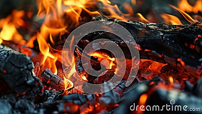 Vivid flames engulf charred wood in a closeup of a fiery blaze Stock Photo