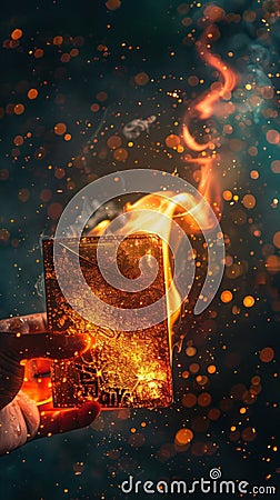 Vivid flames engulf a wallet, colorful digital embers hint at loss and rebirth Stock Photo
