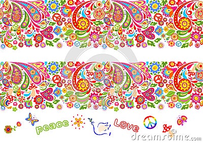 Vivid floral seamless border and hippie flowers lettering for t shirt print and other fashion design on black background Vector Illustration