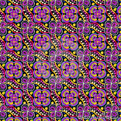 Vivid floral symmetrical repeating pattern in mauve abd yellow over black Stock Photo