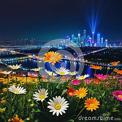 A vivid flower capturing the attention in the foreground and a bright modern city contrasting with the calm of nature Cartoon Illustration