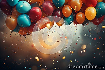 Vivid frame balloons, streamers, confetti on a lively backdrop with available text area Stock Photo