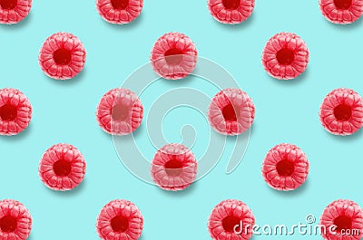 Vivid fruit pattern of fresh raspberries on colourful background Stock Photo