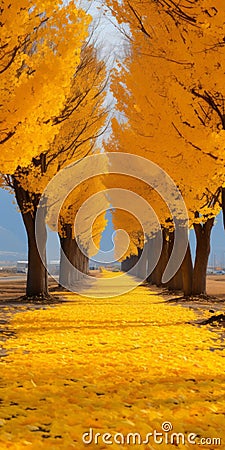 Vivid Gold Colored Trees: A Shohei Otomo Inspired Pathway Stock Photo