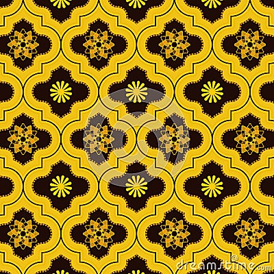 Vivid Gold decorated moroccan seamless pattern with cute floral designs Vector Illustration