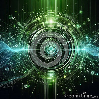 Vivid green digital interface with glowing lines and dots forming a circular pattern. Generative AI Stock Photo