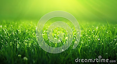 Vivid green grass and sunbeams on a lawn, close up, generative AI realistic illustration Cartoon Illustration