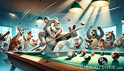 In this vivid image, animated forest animals play billiards. Stock Photo
