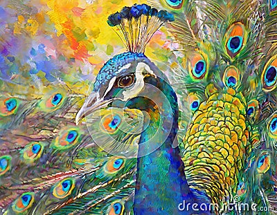 A vivid impressionistic painting depicting a peacock with a colorful tail. Close up Stock Photo