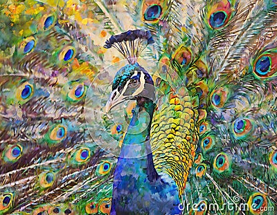 A vivid impressionistic painting depicting a peacock with a colorful tail. Close up Stock Photo
