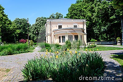 Vivid landscape in Nicolae Romaescu park from Craiova in Dolj county, Romania, with an old house, yellow iris flowes and large Stock Photo