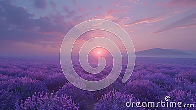 Vivid lavender fields under a serene and cloudless blue sky, a captivating sight Stock Photo