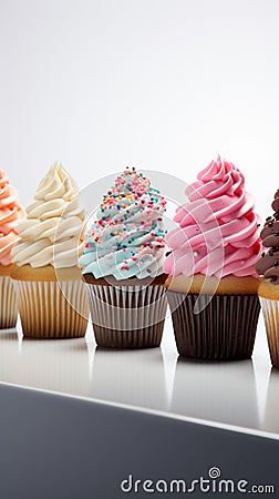 Vivid lineup cupcakes stand out individually against a clean white isolation Stock Photo