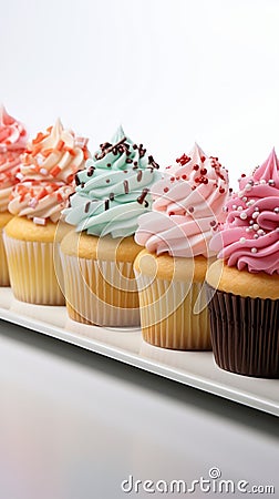 Vivid lineup cupcakes stand out individually against a clean white isolation Stock Photo