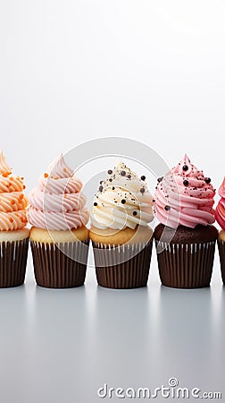 Vivid lineup cupcakes stand out individually against a clean white isolation Stock Photo