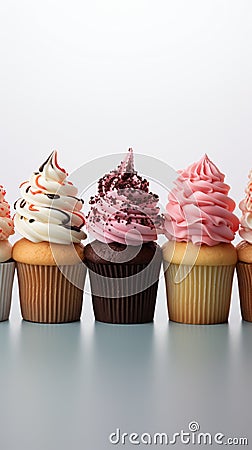 Vivid lineup cupcakes stand out individually against a clean white isolation Stock Photo