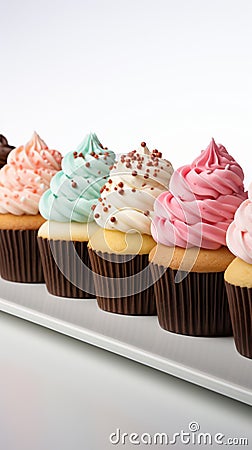 Vivid lineup cupcakes stand out individually against a clean white isolation Stock Photo