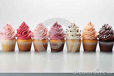 Vivid lineup cupcakes stand out individually against a clean white isolation Stock Photo