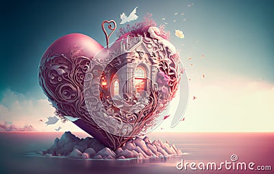 Vivid magenta heart illustration with Ornaments and House for Valentine Day or Love Concept -Generative AI Cartoon Illustration