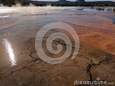 Bacterial mats with steam and pedestrian bridge in Yellowstone National Park Stock Photo