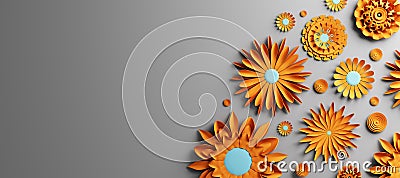 Vivid orange paper flowers on grey background Cartoon Illustration