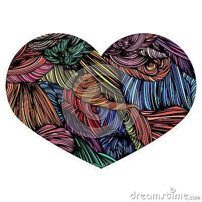 Vivid Ornamental Heart. Ink drawing heart with wave pattern. Vector Illustration