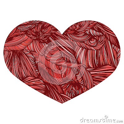 Vivid Ornamental Heart in red colors. Ink drawing heart with wave pattern. Doodle Style hand drawn Vintage ornate design element Vector Illustration