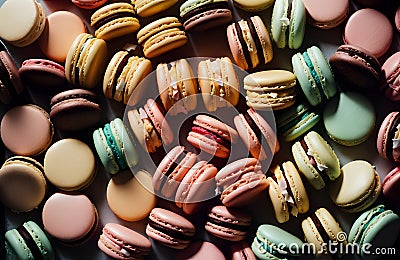 Vivid overhead shot capturing a delightful array of assorted macarons, arranged in a tempting display of confectionery artistry. Editorial Stock Photo