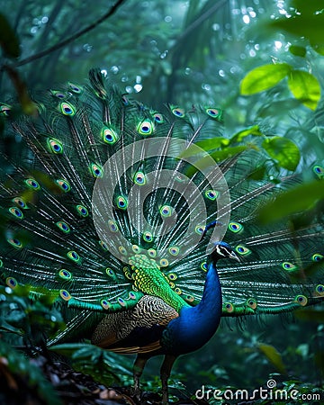 A vivid peacock displaying its feathers in a lush rainforest with droplets from a recent rain adding a sparkling effect Stock Photo