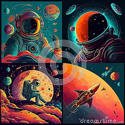 Vivid Poster with astronaut, galaxy, planet, moon. Illustration AI Generative Stock Photo