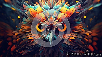 Vivid psychedelic bird face with saturated multicolored feathers and large expressive eyes Stock Photo