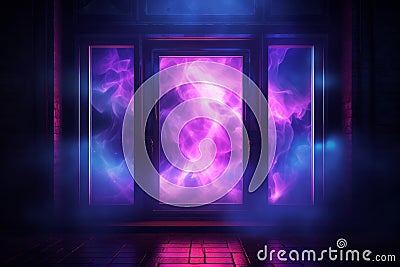 Vivid purple and blue energies swirl behind the glass doors of a dark room Stock Photo