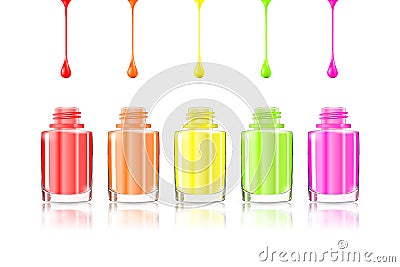 Vivid Rainbow nail polish bottles. Multicolored drips isolated on white background. Vector illustration eps10: mesh and gradient. Cartoon Illustration