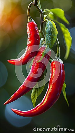 Vivid red chilli peppers thriving in greenhouse, glossy and vibrant, maturing on healthy plants Stock Photo
