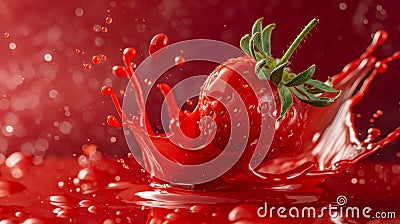 Vivid red paint splash with tomatoes and strawberries, evoking tomato ketchup or juice splashes Stock Photo