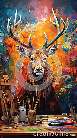 Vivid Reindeer: A Colorful Oil Painting in the Spirit of the Holidays Stock Photo