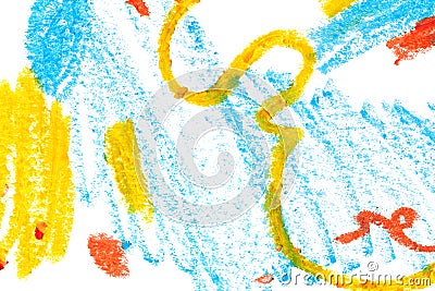 Vivid scribbles abstract hand drawn pastel illustration. Blue and yellow paint swirl, zig zag, stains. Cartoon Illustration