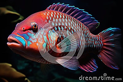 The Vivid Striking Colorful Parrotfish Under the Ocean - Generative AI Stock Photo