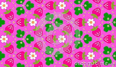 Vivid summer botanical background with strawberries, white flowers and green leaves on a pink background Stock Photo